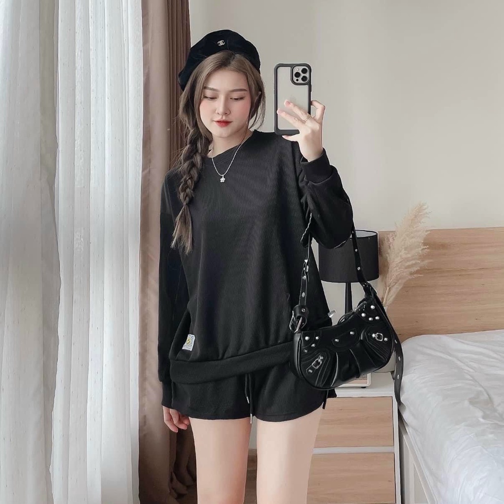 Sét bộ nữ thời trang mặc đi chơi chất thun gân áo form rộng cổ tròn tay dài mix quần đùi mát mẻ