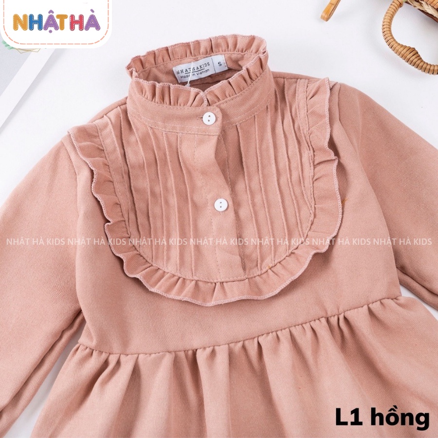 Váy nhung bé gái thu đông L1 cổ bèo tròn dáng xòe 2 tầng chất liệu nhung tăm size đại 11- 45kg