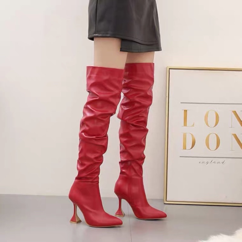 Boots đùi cao gót mũi nhọn da nhăn trendy 10 cm, hàng cao cấp