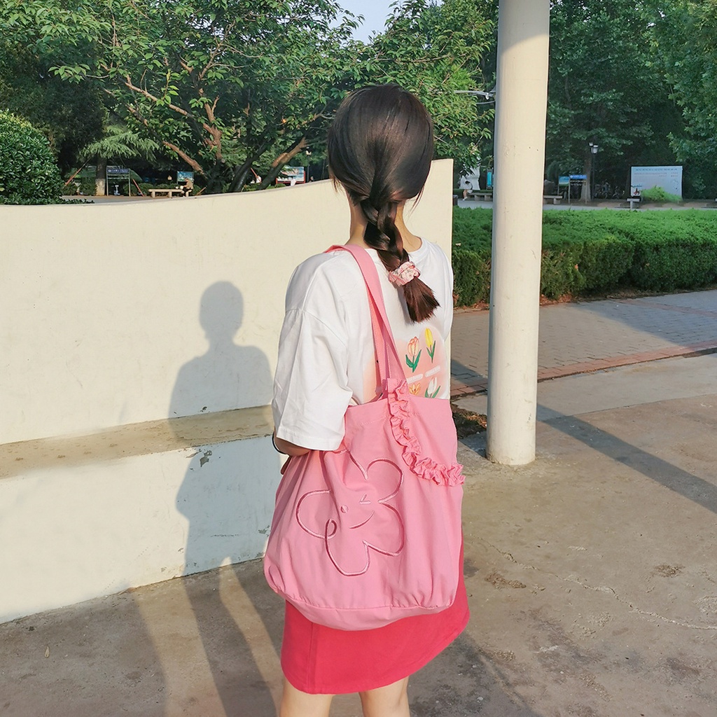 Túi tote vải hoa mặt cười smiley nhún nơ cách điệu xinh xắn