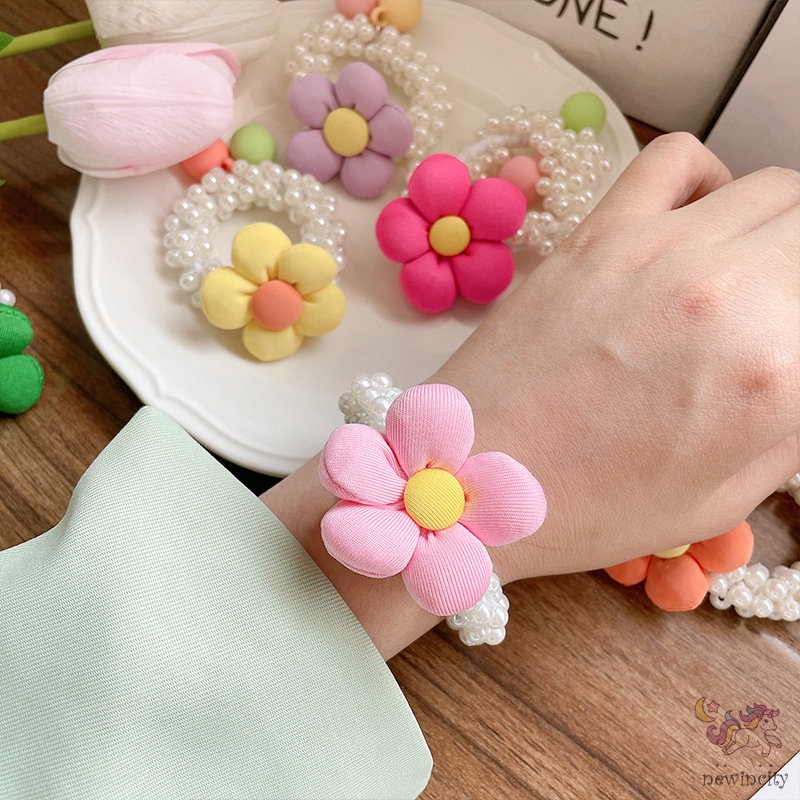 Dây Cột Tóc Cao Su Đính Hoa Và Ngọc Trai Phong Cách Hàn Quốc Cho Bé Gái