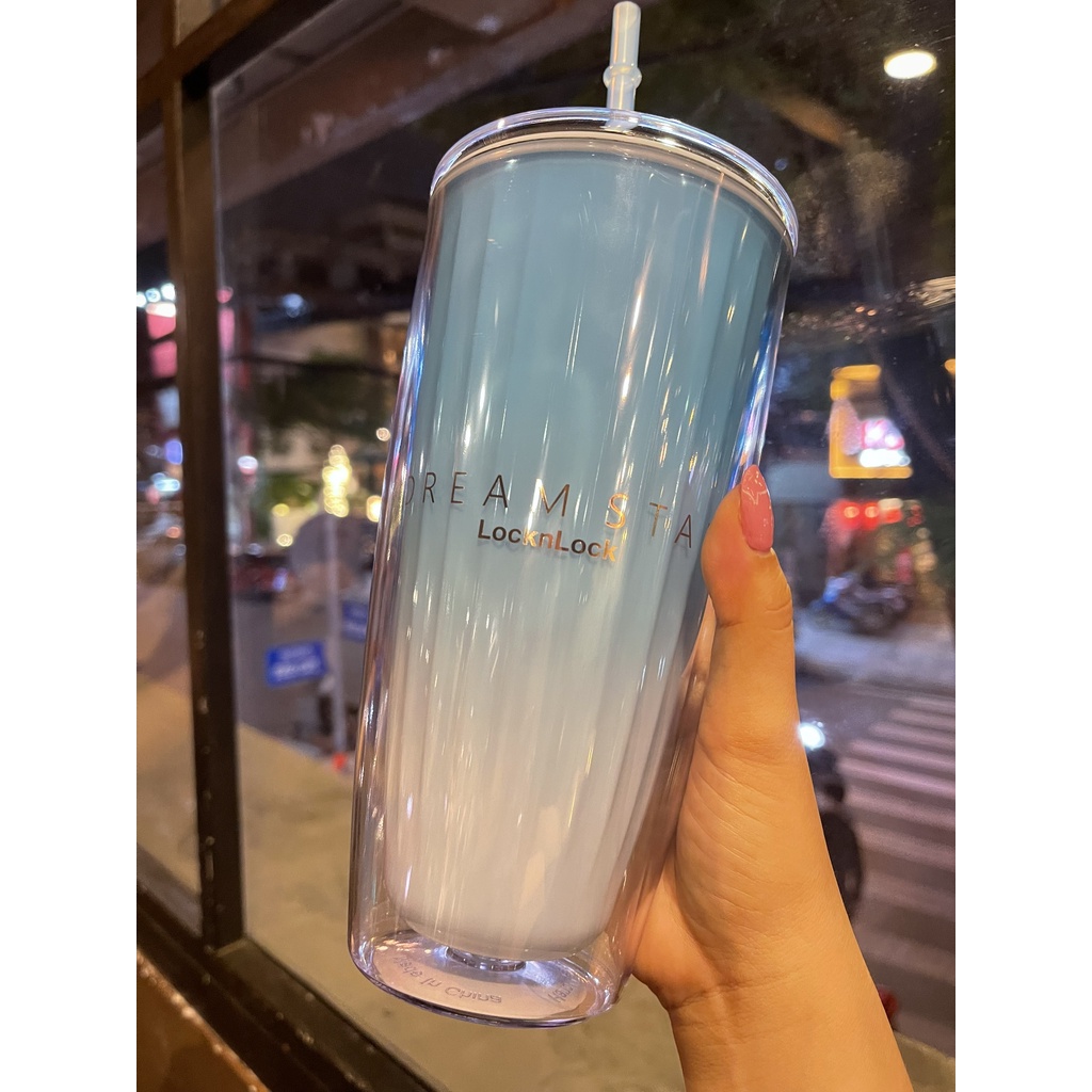 Ly nhựa 2 lớp LocknLock kèm ống hút Dream Star Double Wall Cold Cup 750ml HAP522 - màu xanh - K-MALL