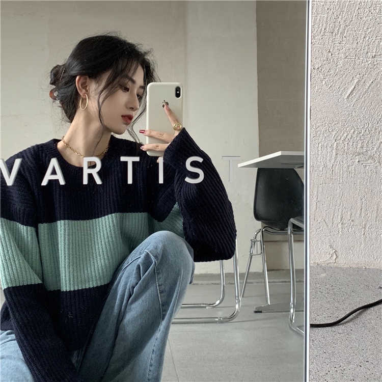 Porozi Áo Sweater Dệt Kim Tay Dài Thân Ngắn Họa Tiết Kẻ Sọc Phong Cách Hàn Quốc Cho Nữ