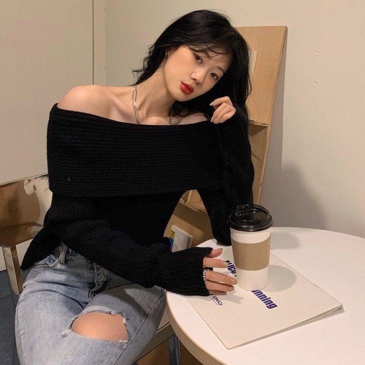 Áo sweater Dệt Kim Trễ Vai Dày Dặn Màu Xám Thời Trang Thu Đông Cho Nữ