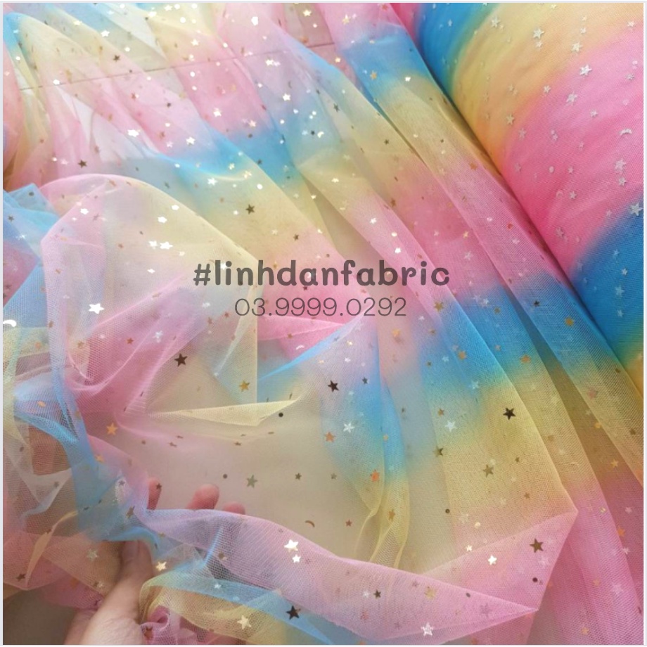 Vải Voan Lưới cầu vồng đính sao lấp lánh may đầm váy cột tóc scrunchies, phụ kiện chụp ảnh decor nhà cửa