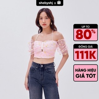 Áo croptop SheByShj tay bồng hoa cúc màu hồng - Pink Daisy Top