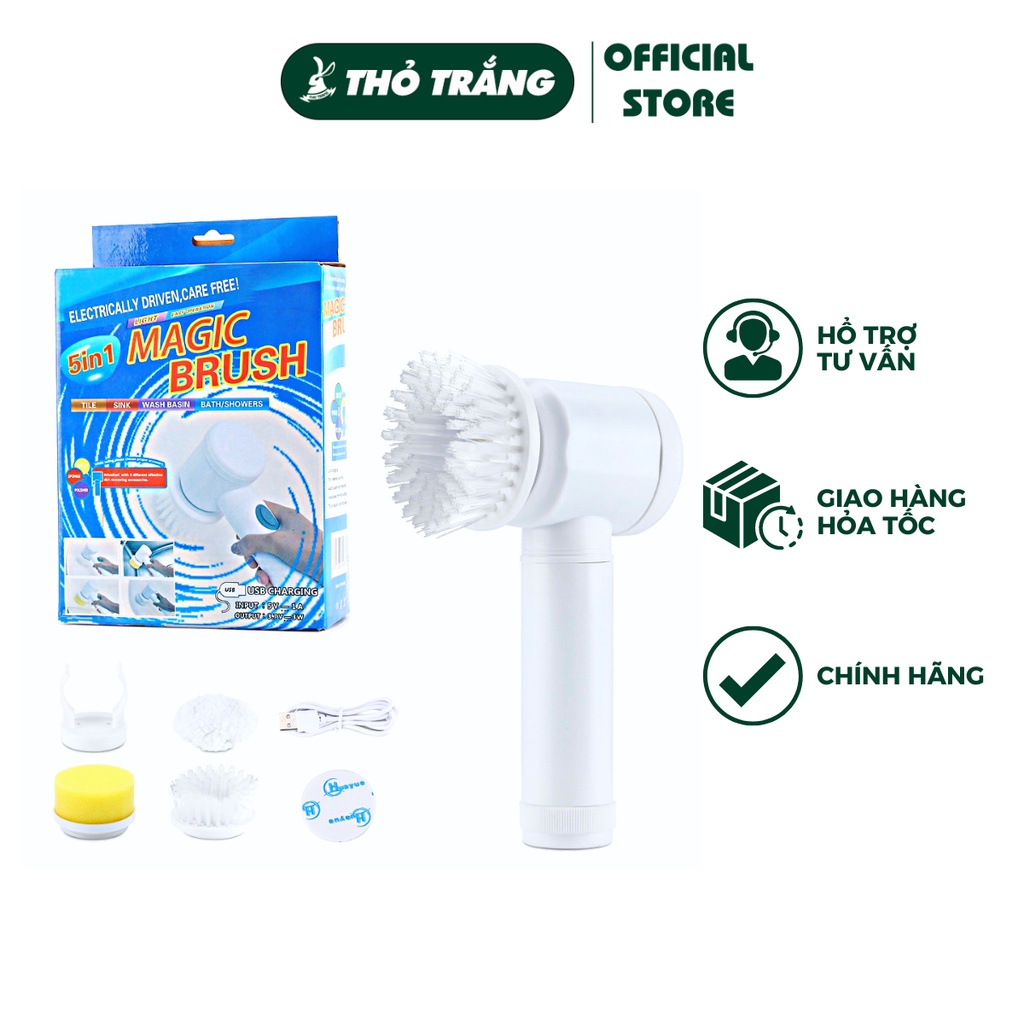 Máy cọ rửa điện đa năng Thỏ Trắng sạc usb, bàn chải vệ sinh bếp, bồn rửa mặt, đánh bóng Magic Brush với 3 đầu thay thế