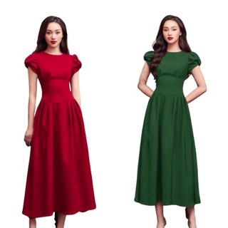 đầm xoè, cổ tròn, tay phồng, tùng xòe xếp li, dây kéo sau lưng