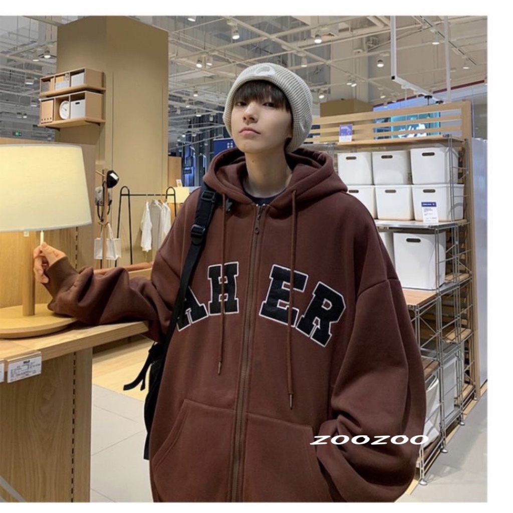 Áo khoác hoodie nỉ bông dây kéo AHER form rộng unisex nam nữ Zoozoo ulzzang