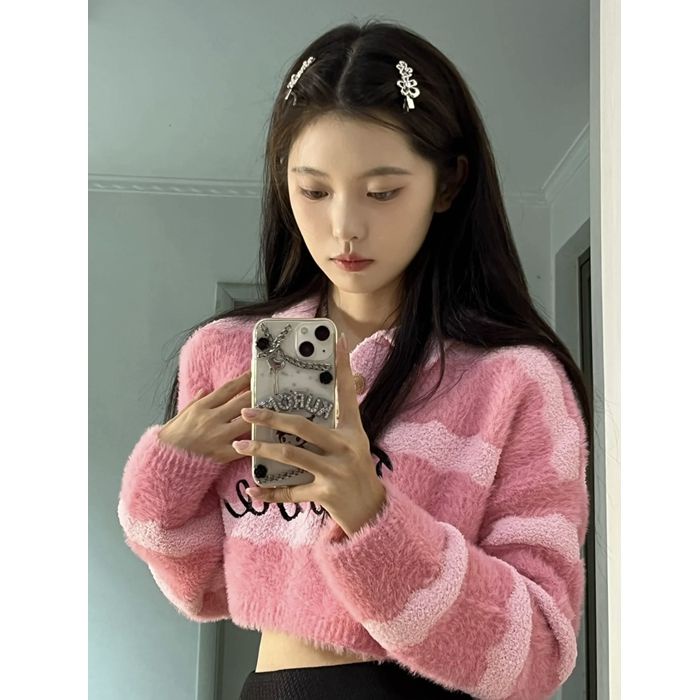 Áo Sweater Polo Họa Tiết Kẻ Sọc Dáng Rộng Thời Trang Thu Đông Mới Cho Nữ LXR7