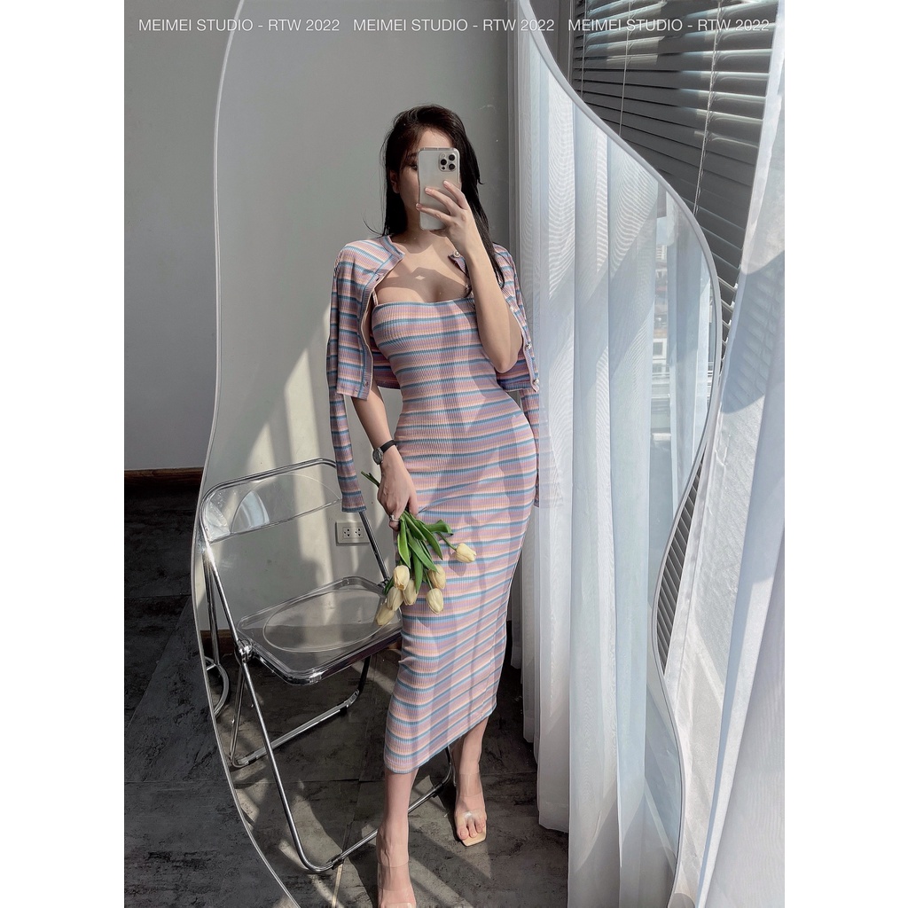 Set Colour 2 dây kẻ len tăm - Váy maxi ôm body và áo cardigan dài tay | XKSB08 | Meimei Studio