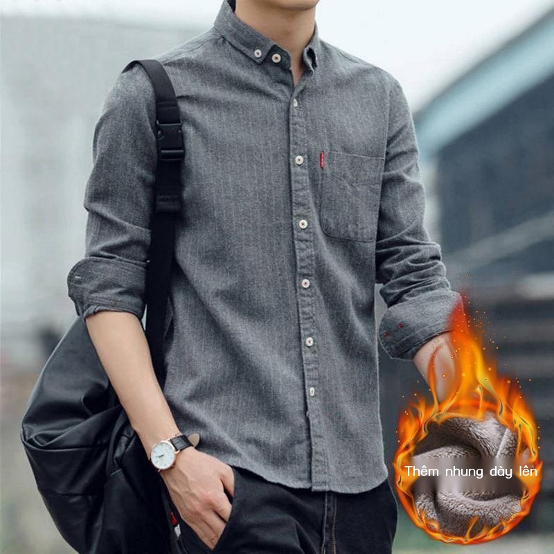 Áo Sơ Mi Tay Dài Kẻ Sọc Lót Lông Cừu Giữ Ấm 40% Thời Trang Mùa Đông Cho Nam