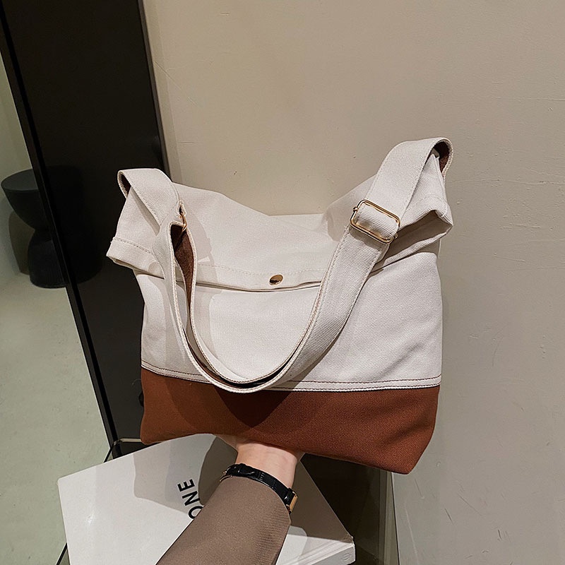 Túi Đeo Vai Bằng Vải canvas Màu Khối Sức Chứa Lớn Phong Cách Hong Kong Dành Cho Nữ