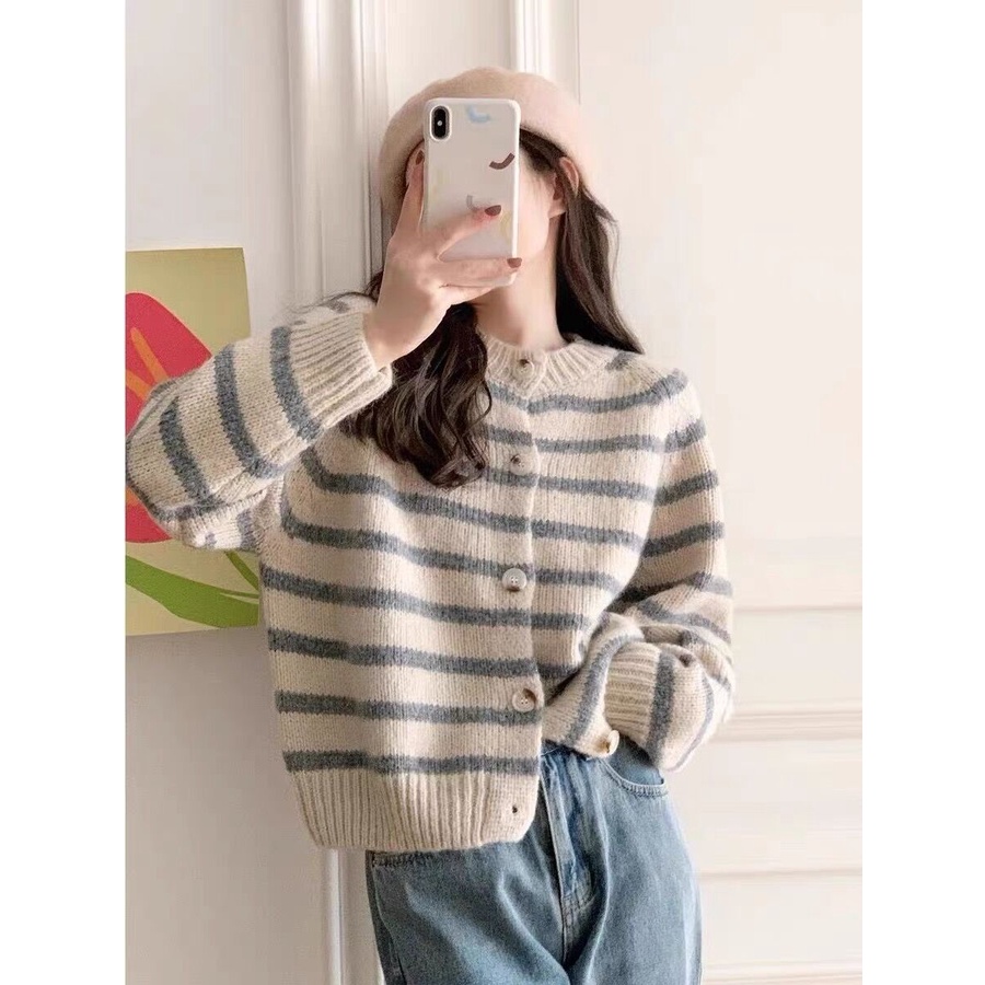 Áo Khoác cardigan Dệt Kim Dáng Rộng Họa Tiết Kẻ Sọc Thời Trang Thu Đông Phong Cách Hàn Quốc Cho Nữ