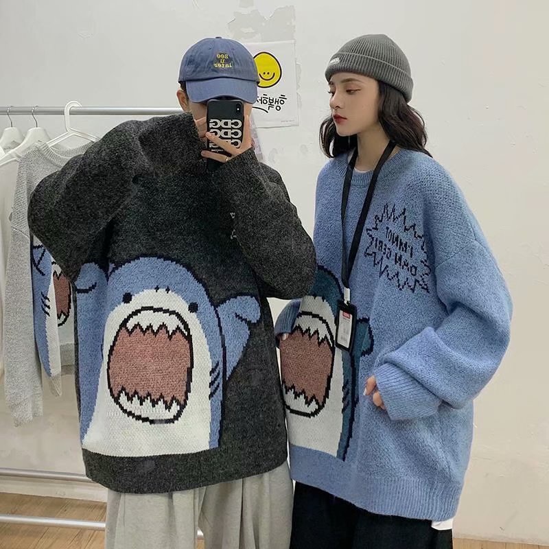 Áo sweater Dệt Kim Tay Dài Cổ Tròn In Hình Cá Mập Harahara Thời Trang Hàn Quốc Mới Cho Nam Và Nữ