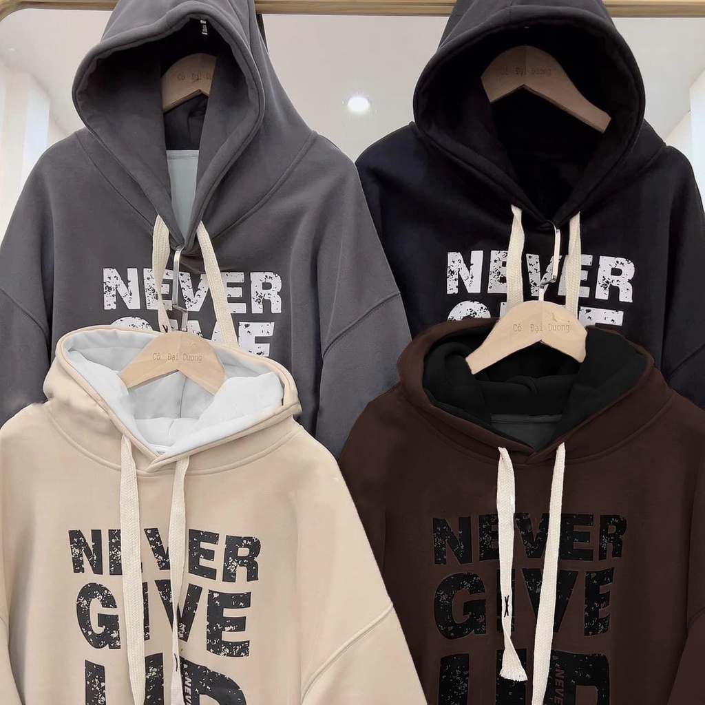 ÁO HOODIE NỈ TAY PHỒNG NEVER GIVE UP NAM NỮ UNISEX CHẤT NỈ DÀY NÓN 2 LỚP FROM RỘNG-BLK