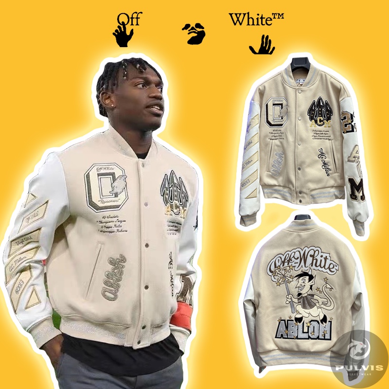 ⚡️[Best Quality] - Áo Khoác Off-White™ C/O Ac Milan Varsity Jacket, Áo bomber jacket OW x AC Milan trần bông