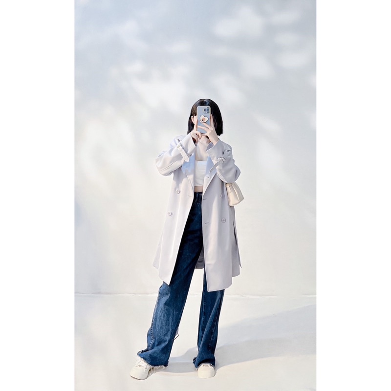 Trench coat 8 nút dây đai kim loại dáng lửng