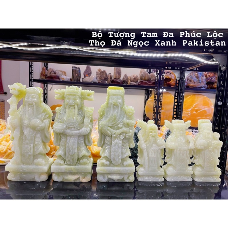 Bộ Tượng Tam Đa Phúc Lộc Thọ Đá Ngọc Hoàng Long &amp; Đá Ngọc Xanh Pakistan