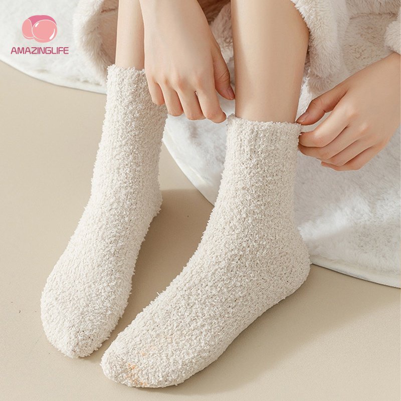 Vớ Lông Cừu San Hô Dày Dặn Màu Sắc Đơn Giản Giữ Ấm Mùa Đông Cho Nữ