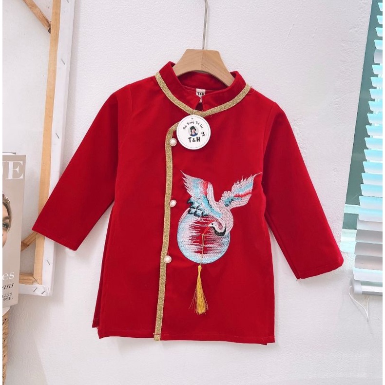 Áo dài cặp cách tân nhung đỏ bé trai bé gái chất đẹp