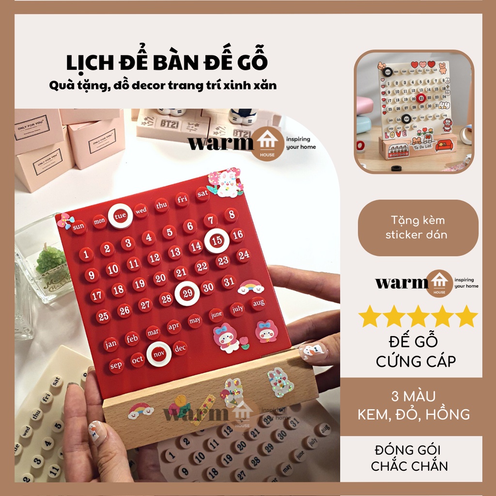 (CÓ VIDEO)Lịch Để Bàn Đế Gỗ Bảng Cứng 2023 Hoạ Tiết Dễ Thương Tặng Kèm Sticker