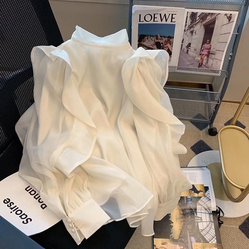 Áo Sơ Mi Chiffon Tay Ngắn Dáng Rộng Phối Bèo Cột Nơ Thời Trang Mùa Thu Cho Nữ Sm