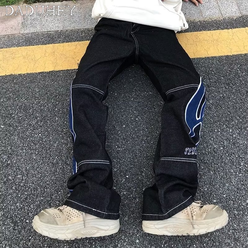 Quần ống đứng phong cách đường phố hiphop retro họa tiết thêu cho nam nữ