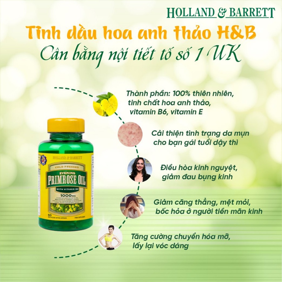 Tinh Dầu Hoa Anh Thảo Evening Primrose Oil Holland & Barrett 120 viên và Anh Thảo Pháp