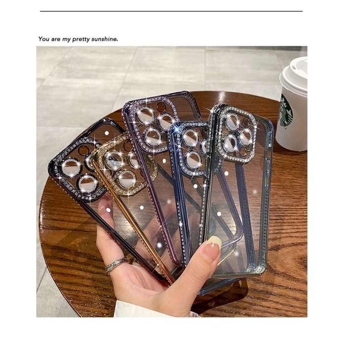 Ốp lưng Meruyi viền màu đính đá camera gắn nhũ cho iPhone 14 Pro Max, 14 Pro, 14 Plus, 13 Pro max bảo vệ camera siêu nổi