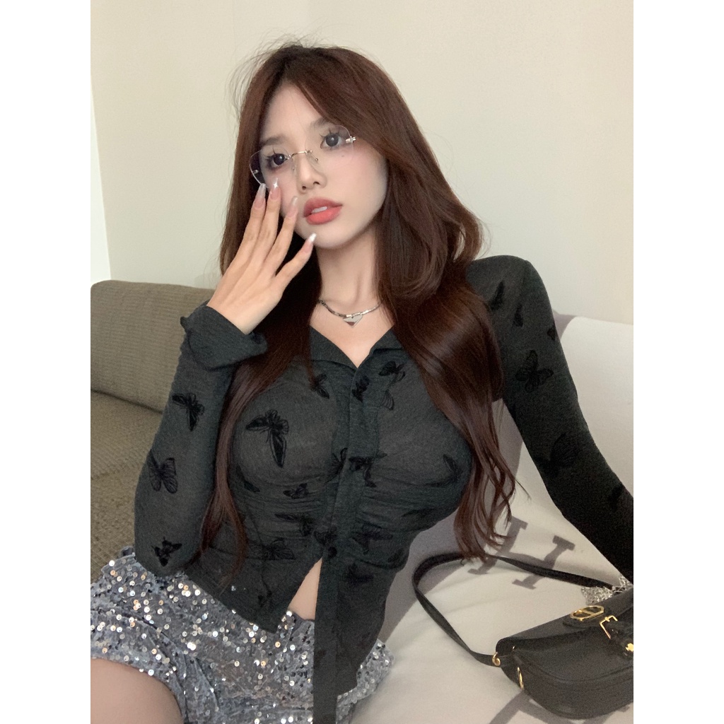 ZHELIHANGFEI Áo Cardigan Dệt Kim Tay Dài Dáng Ôm Lưng Cao In Hình Bướm Dễ Thương Cho Nữ