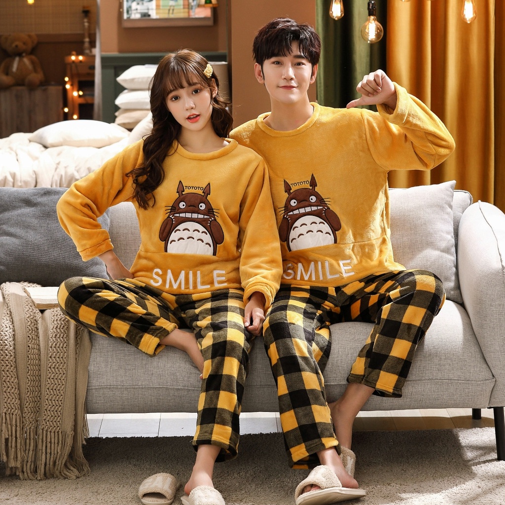 Thời trang Hàn Quốc phong cách giản dị mỏng, áo ngủ flannel ấm áp phong cách cặp vợ chồng quần áo nhà (cổ tròn, áo dài tay + quần dài) hai bộ