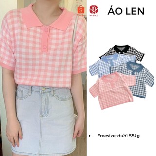 Áo len nữ VM Shop tay ngắn cổ bẻ caro ulzzang thời trang nữ 39521- 22ALU04A961401