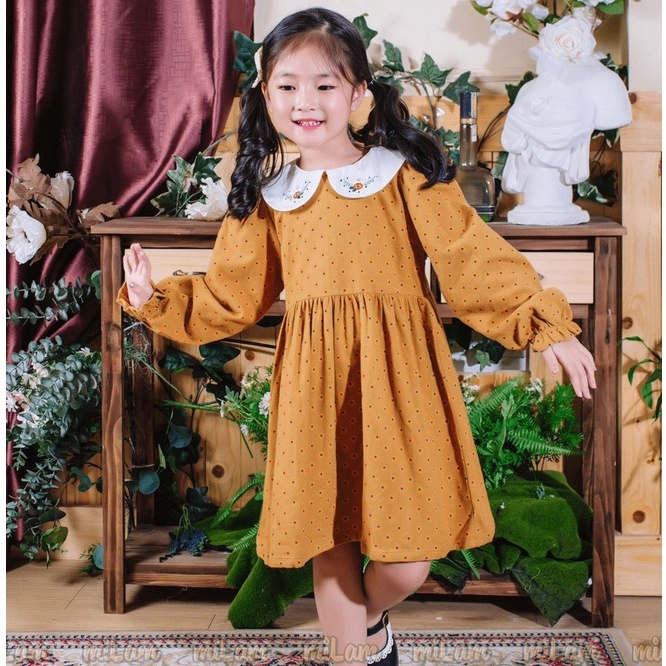 Váy vàng dài tay bé gái MILAM cổ thêu hoa xinh xắn dịu dàng mặc đi học đi chơi
