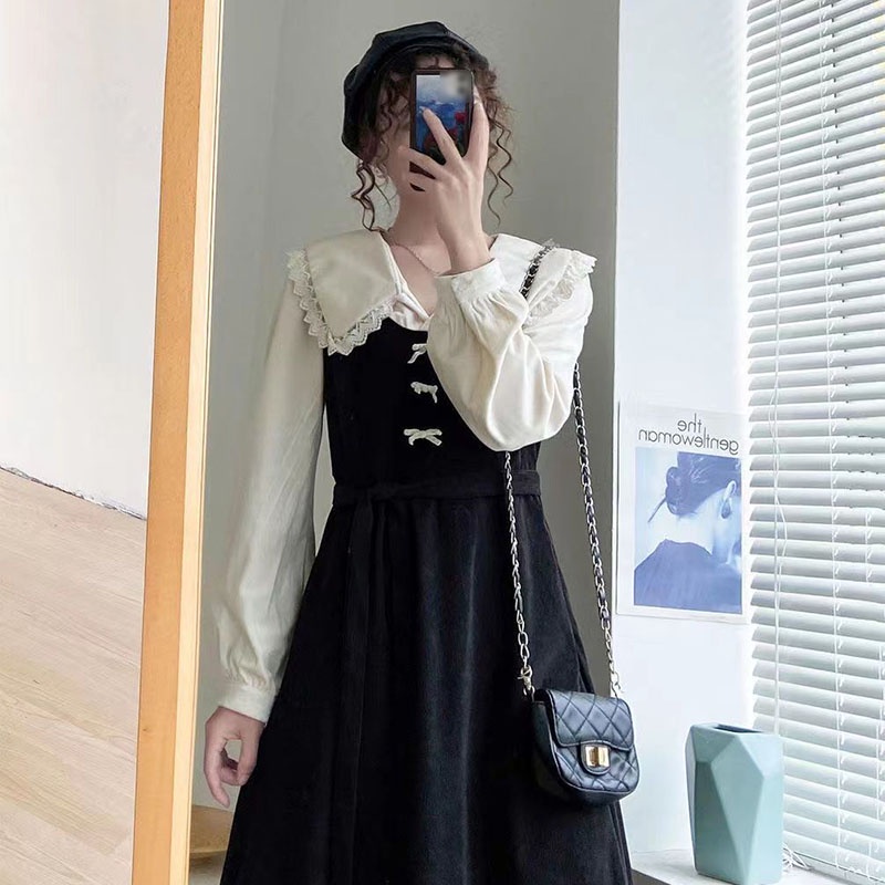 IELGY IELGY Đầm Tay Dài Cổ Chữ v plus size Phong Cách retro Dành Cho Nữ