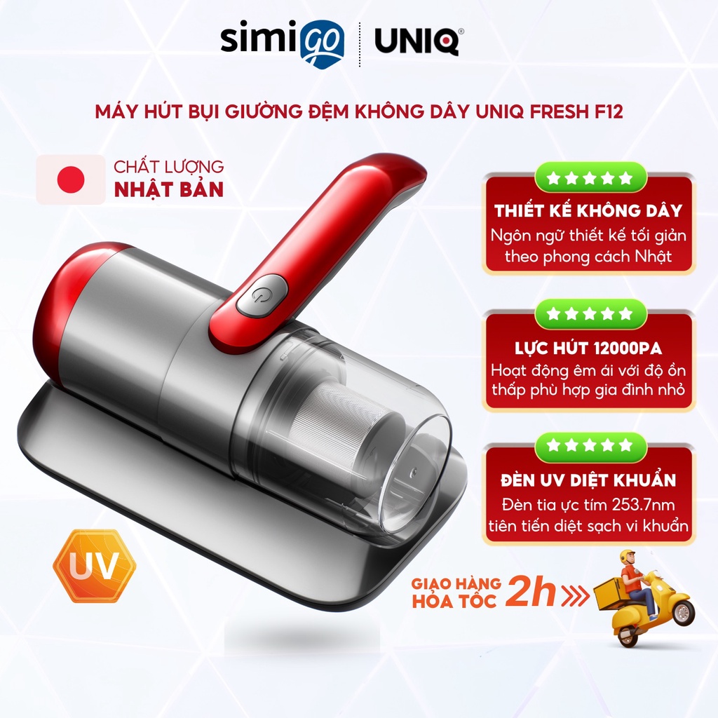 Máy hút bụi giường đệm không dây UNIQ Fresh F12 diệt khuẩn UV, Lực hút mạnh 12000PA, Hàng chính hãng, Bảo hành 24 tháng