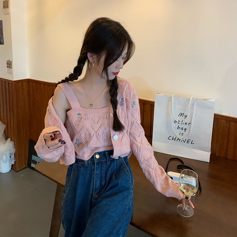 ZHELIHANGFEI Áo Cardigan Dệt Kim Tay Dài Thêu Họa Tiết Ngọt Ngào Quyến Rũ