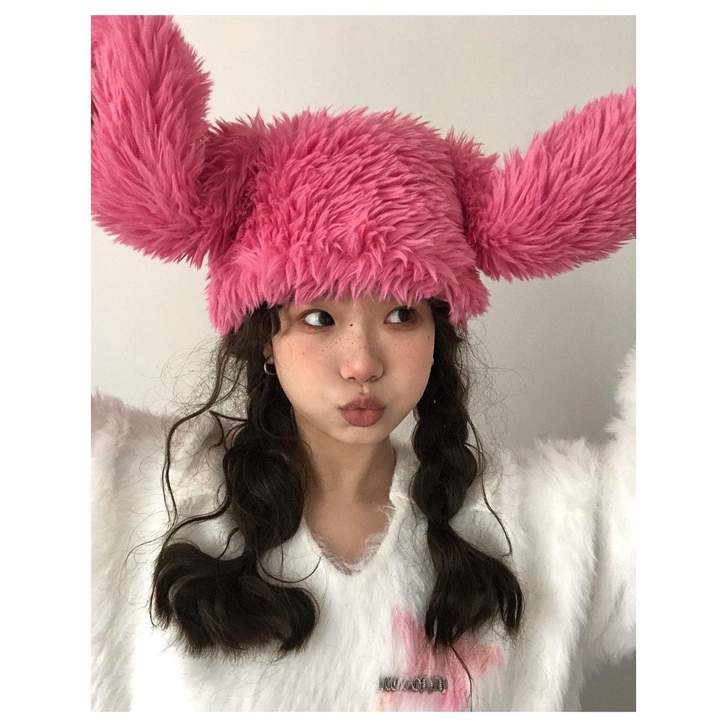 Mũ Trùm Đầu  Mũ Nhung Lông Dễ Thương Vui Nhộn Đường Phố Màu Hồng Đỏ Giữ Ấm Mùa Thu Đông Le