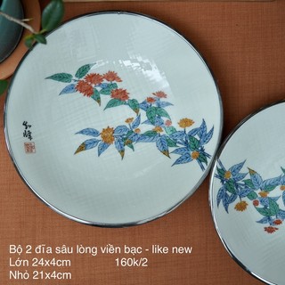 Bộ 2 đĩa sâu lòng vẽ hoa viền bạc - gốm sứ nhật bản