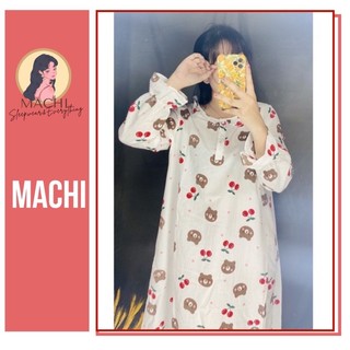 Váy ngủ - đầm ngủ cổ bèo tay bèo form suông dài rộng thoải mái, váy dài qua gối, vải đũi xốp với hoạ tiết hoạt hình