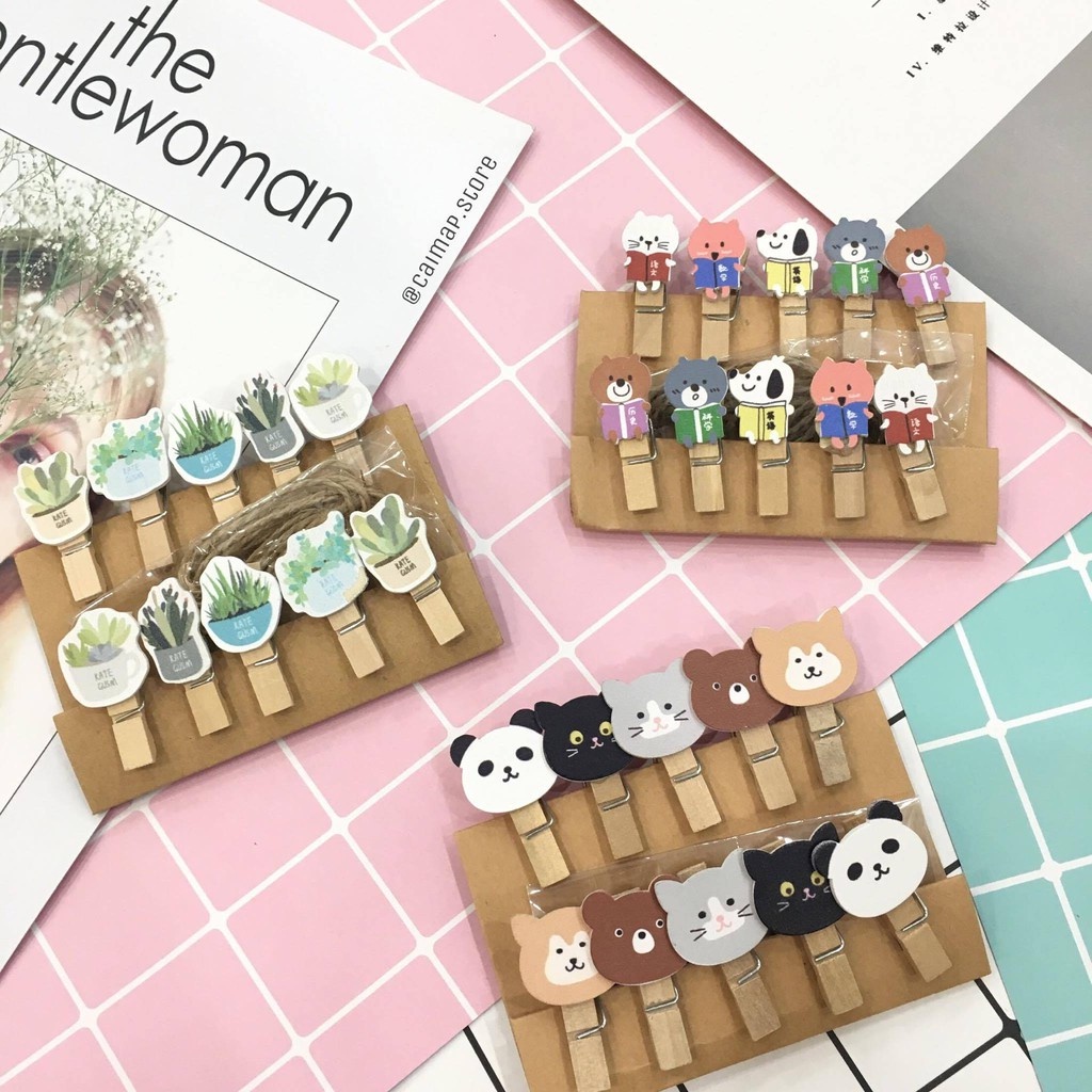 Set 10 Kẹp gỗ mini xinh xắn kèm dây treo 2m