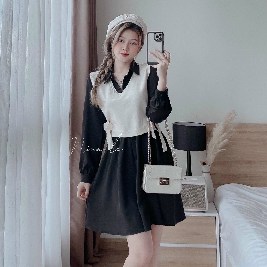 Sét Váy Đầm Nữ Chất Cotton Lạnh Dài Tay Đóng Cúc Kèm Áo Ngoài Thun Gân Thiết Kế Sang Chảnh Đi Làm Công Sở, Dạ Hội