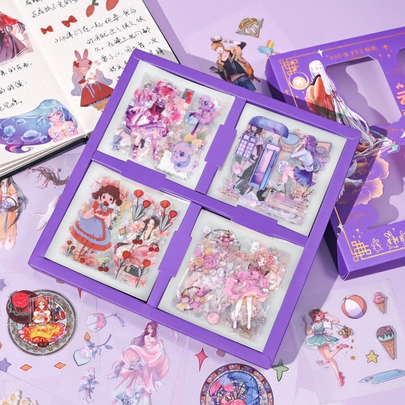 Hộp Sticker Cổ Trang Hình Dán Vintage Dễ Thương 100 Tấm Trang Trí Sổ Tay Bullet Journal ST02