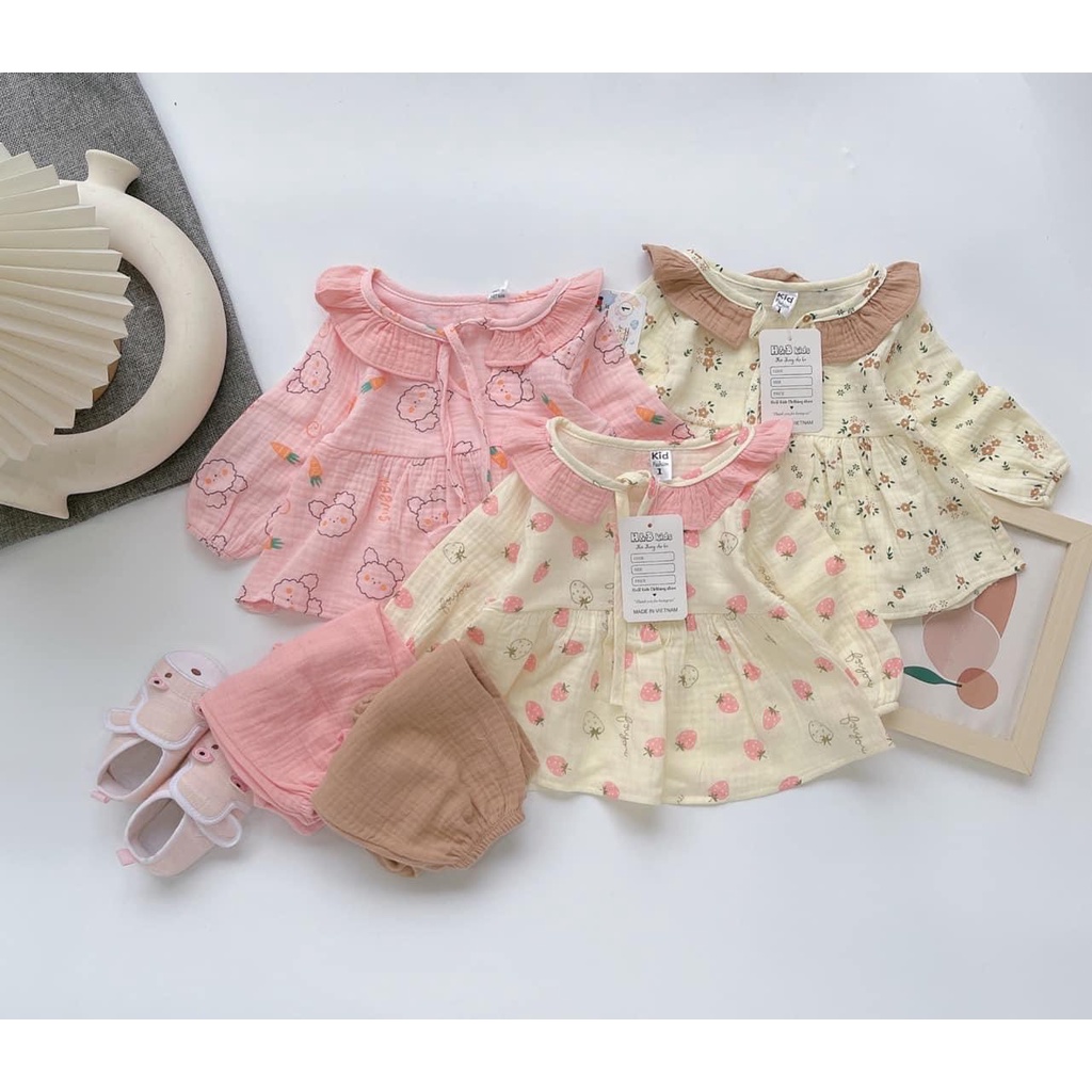 ồ Bộ Thu Đông Dài Tay Cho Bé Gái Chất Vải Cao Cấp Xô Muslin Mềm Mịn , Bộ Đồ Ngủ Babydoll Họa Tiết Đáng Yêu