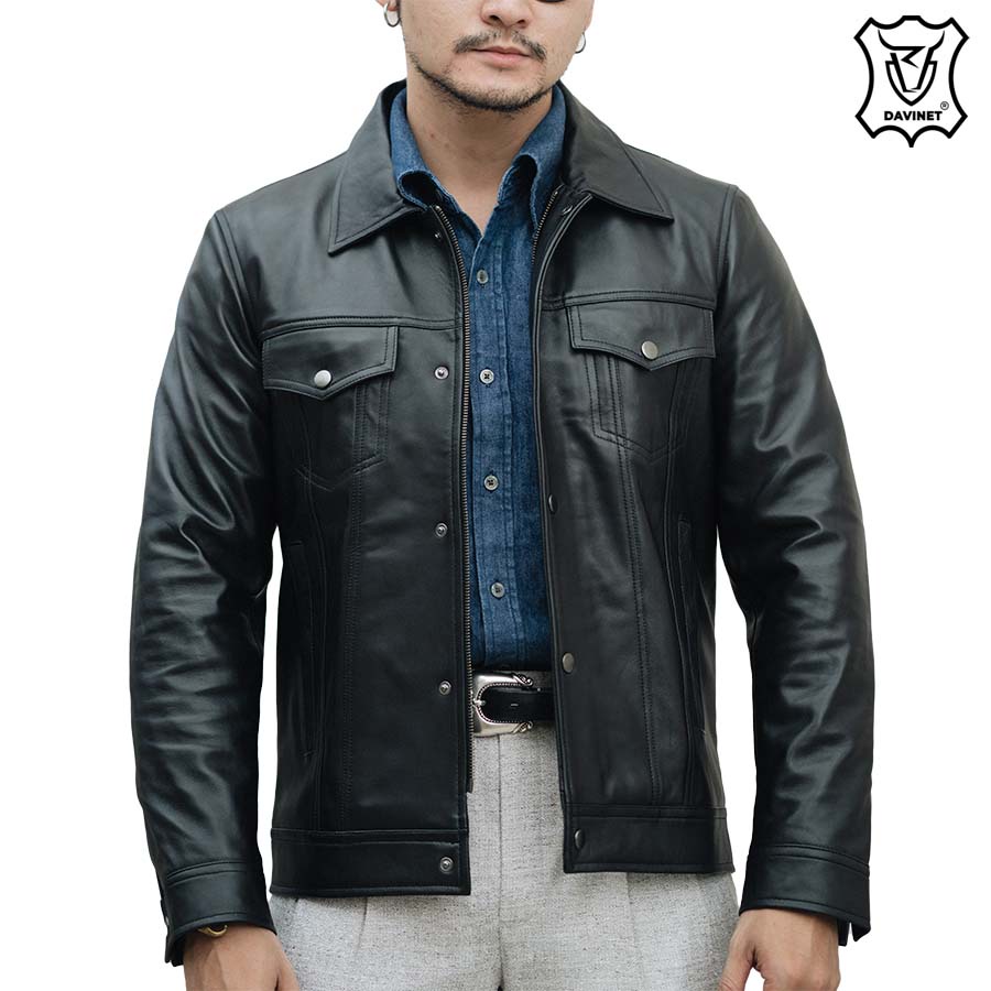 Áo Khoác Da Xịn Trucker DAVINET Am22-19, Da Xịn, Siêu Bền, Mềm Nhẹ, Bảo Hành 5 Năm