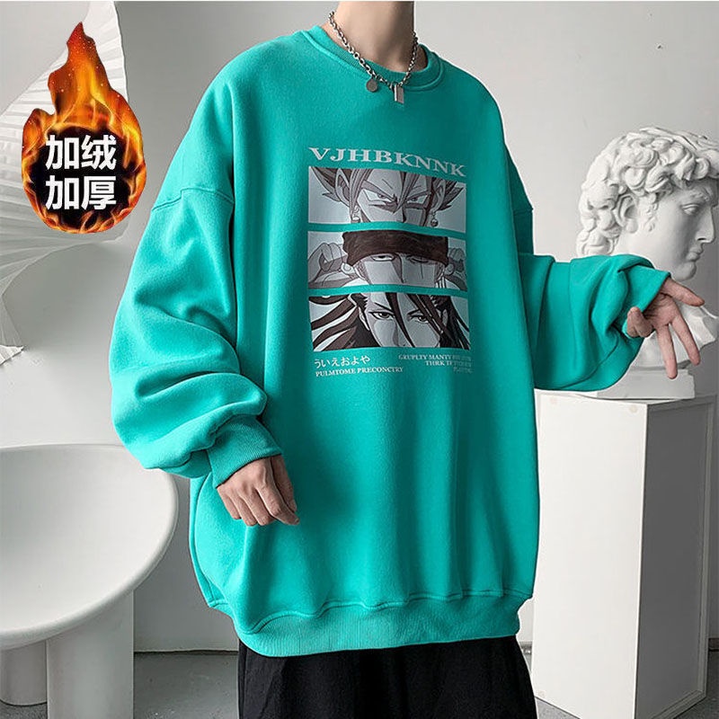 áo khoác bomber nam nỉ áo khoác dù gió Plus Áo sweater Cổ Tròn Lót Nhung Dày Dặn Dáng Rộng In Họa Tiết anime Thời Trang Thu Đông Cho Nam Giới