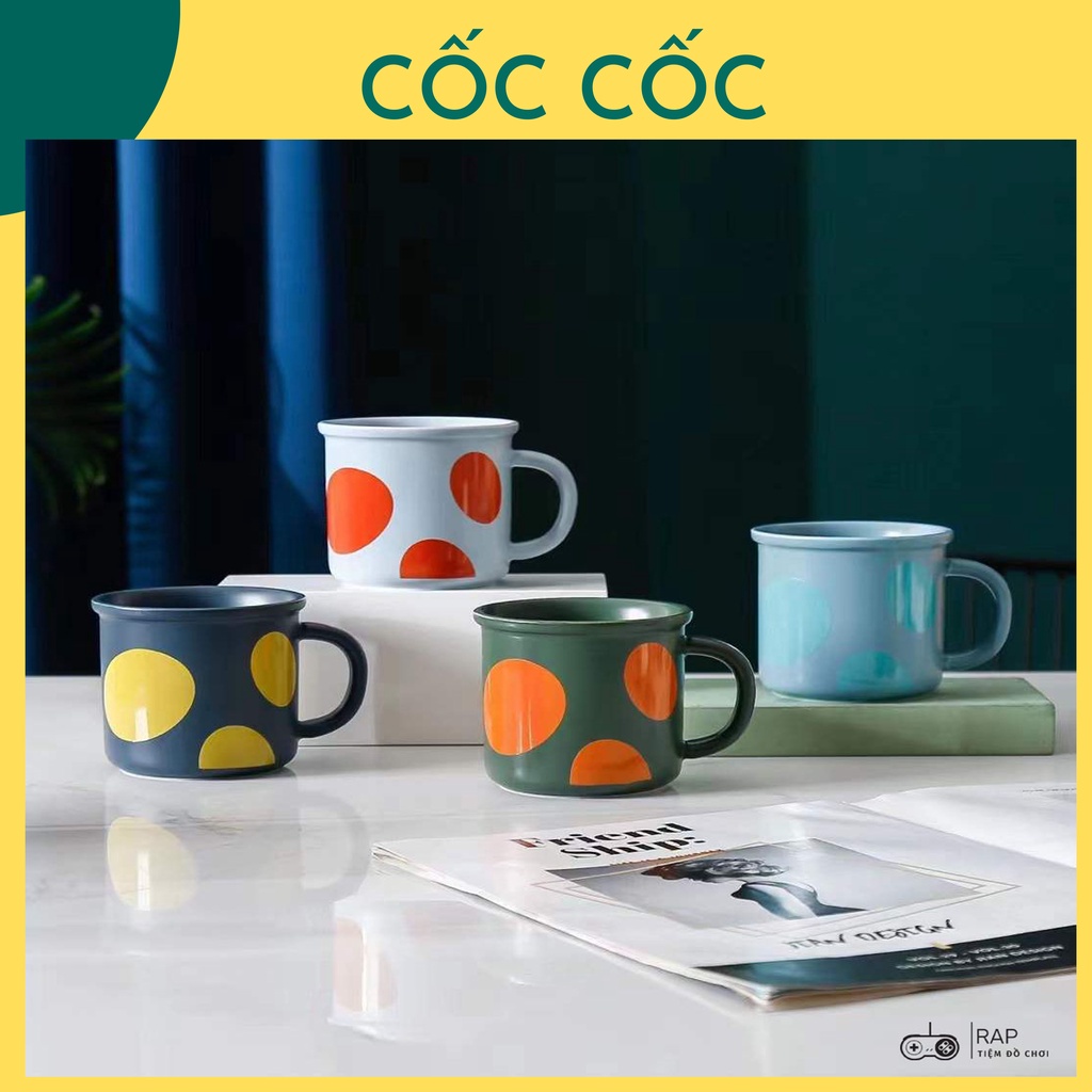 Cốc ly sứ họa tiết chấm bi màu sắc dung tích dung tích 350ml kèm thìa làm quà tặng,đựng trà, cafe, nước,hàng ngày
