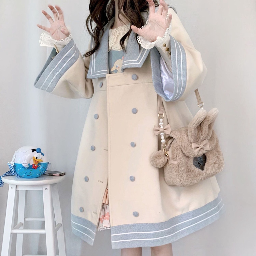Áo Khoác Len Dáng Dài Cổ Hải Quân Phong Cách Preppy Lolita Nhật Bản Dễ Phối Đồ Cho Nữ