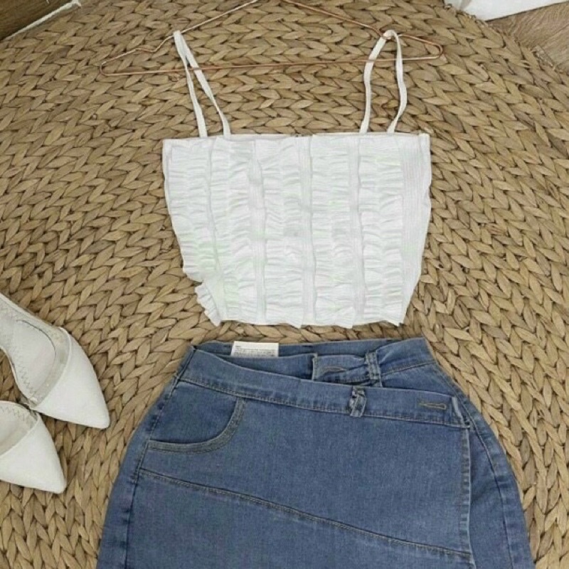 Áo 2 dây phối bèo tiểu thư chất gân co giãn, thời trang mùa hè