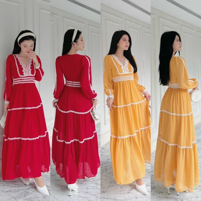 Maxi voan tay dài phối ren trắng đỏ vàng, đầm váy thời trang nữ hotgirl nhẹ nhàng đi chơi du lịch đi biển chụp hình